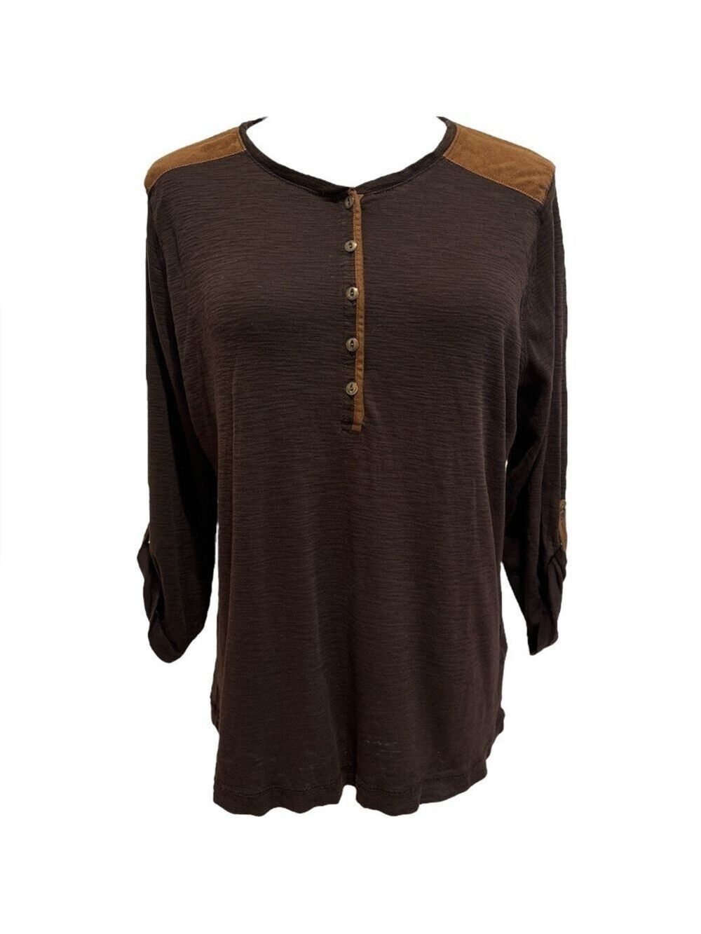 Y2K RALPH LAUREN BROWN HENLEY COTTON TEXTURED TOP W ULTRA SUEDE DETAIL LAGENLOOK - Picture 2 of 5